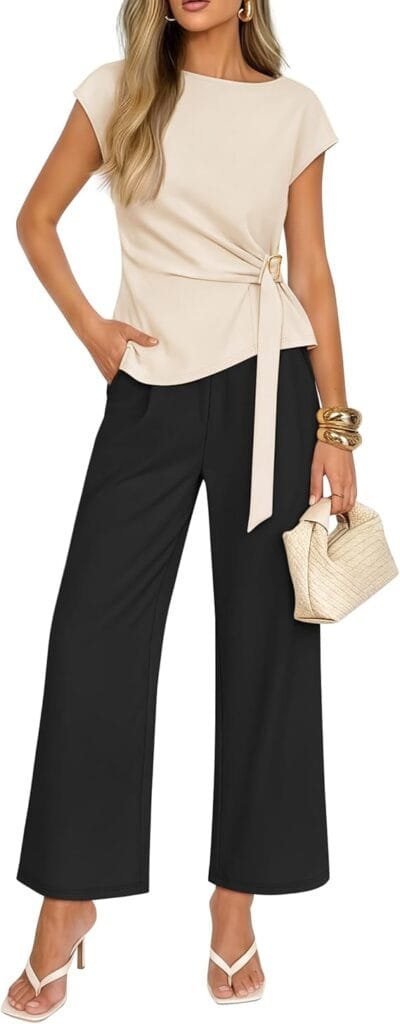 Business Casual Outfits for Women: 15 Best Work-Ready Looks for 2026 6 Professional summer two-piece business casual pant outfit for women featuring a lightweight tailored top and matching trousers, styled for warm-weather office wear and urban commuting.