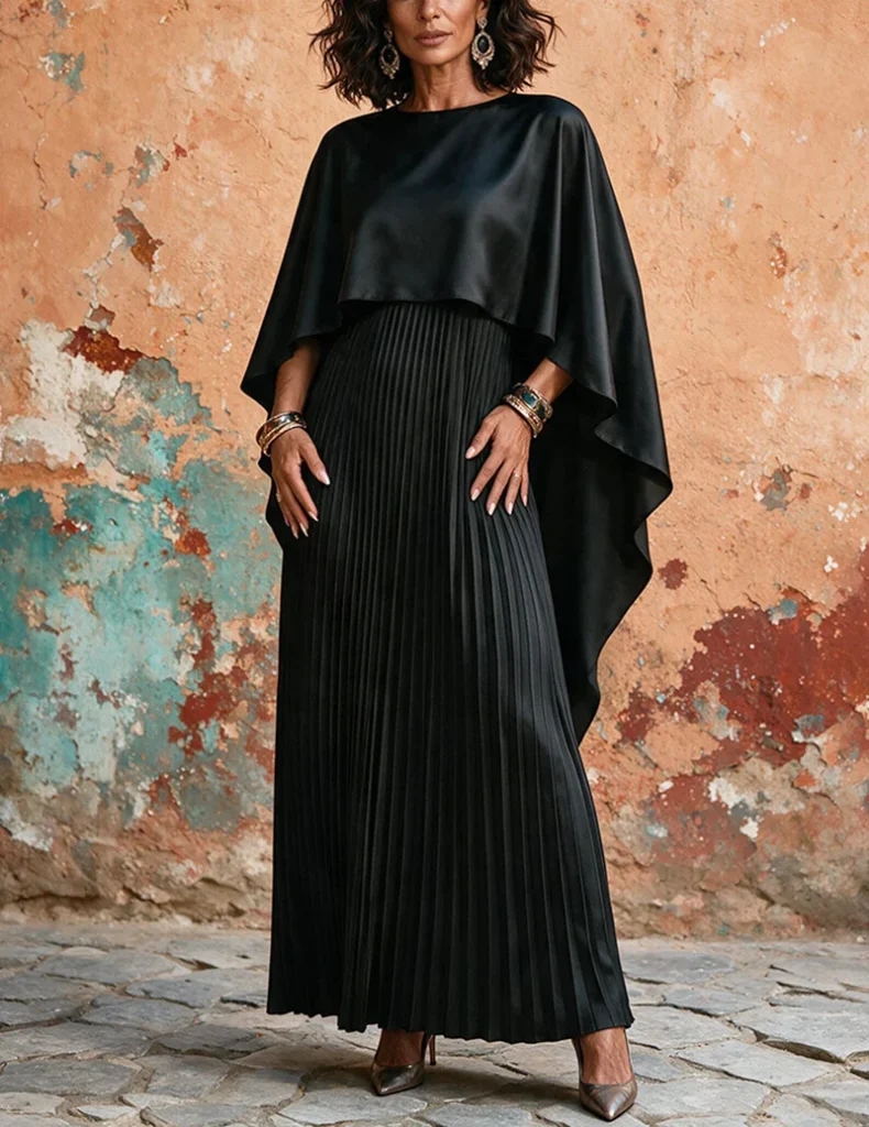 Trendy & Affordable Outfits for Women You'll Actually Love (2026) 6 A stylish woman wearing an affordable black satin batwing sleeve pleated maxi dress with an elegant cape overlay and asymmetrical hem, styled for a formal evening event featuring Trendy Outfits for Women.