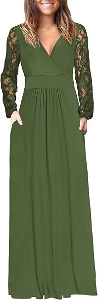 Inexpensive Dresses for Women That Don't Look Cheap 10 A fashion creator showcasing the AUSELILY Women's Lace Long Sleeve Maxi Dress in dark green with sheer lace sleeves and wrap detailing, styled for an upscale evening look.