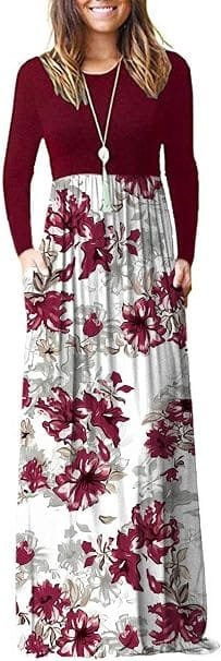 Inexpensive Dresses for Women That Don't Look Cheap 6 A fashion creator showcasing the AUSELILY Womens Long Sleeve Maxi Dress in a rich floral block print with long sleeves, styled for an autumn transitional outfit.