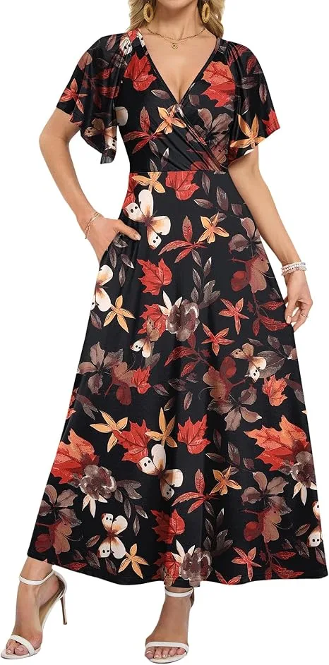 A fashion blogger styling the AUSELILY Maxi Dresses Women 2026 Ruffle Sleeve V Neck Summer Wrap Dress in a vibrant floral print during a tropical vacation trip. inexpensive dresses for women