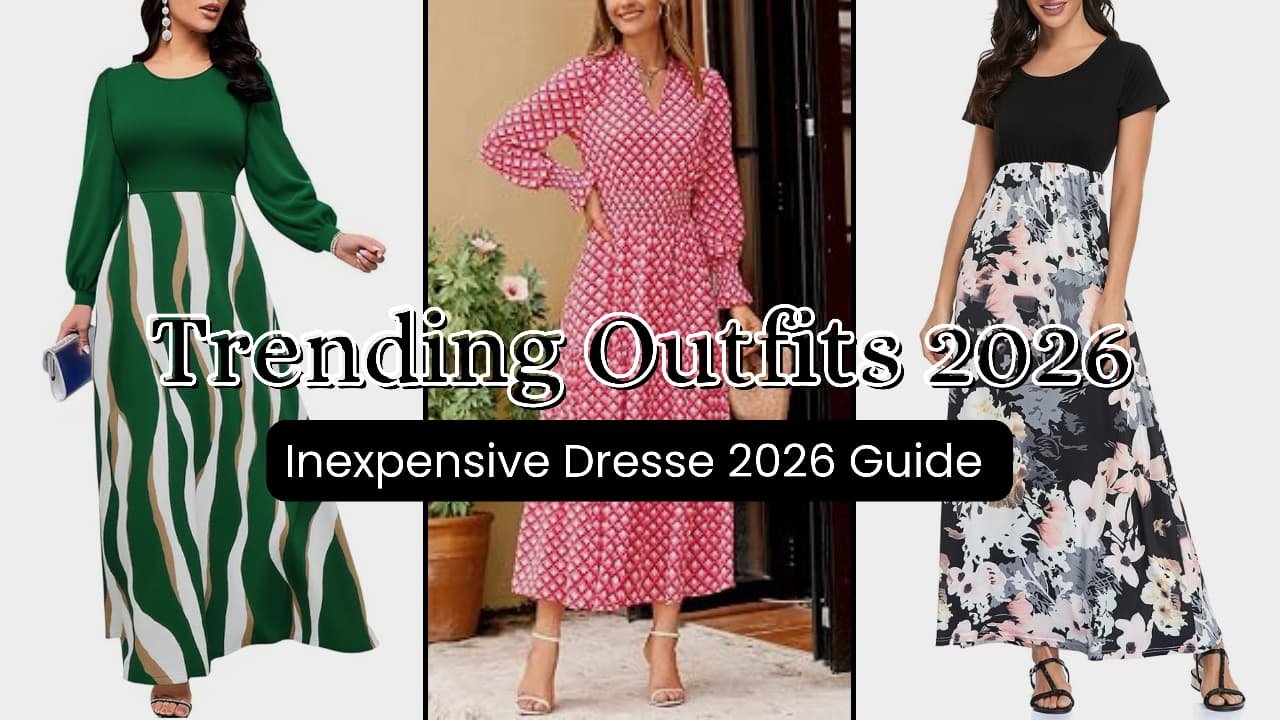 Inexpensive Dresses for Women That Don't Look Cheap 1 A curated flat-lay and lookbook display showcasing 12 trendy, affordable long and maxi dresses for women, featuring casual everyday wear, elegant church styles, and resort-ready pieces.