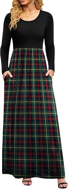 Inexpensive Dresses for Women That Don't Look Cheap 13 A fashion creator wearing the DB MOON Women Casual Long Sleeve Black Maxi Dress in green plaid featuring a black long-sleeve top and side pockets for casual transitional wear.