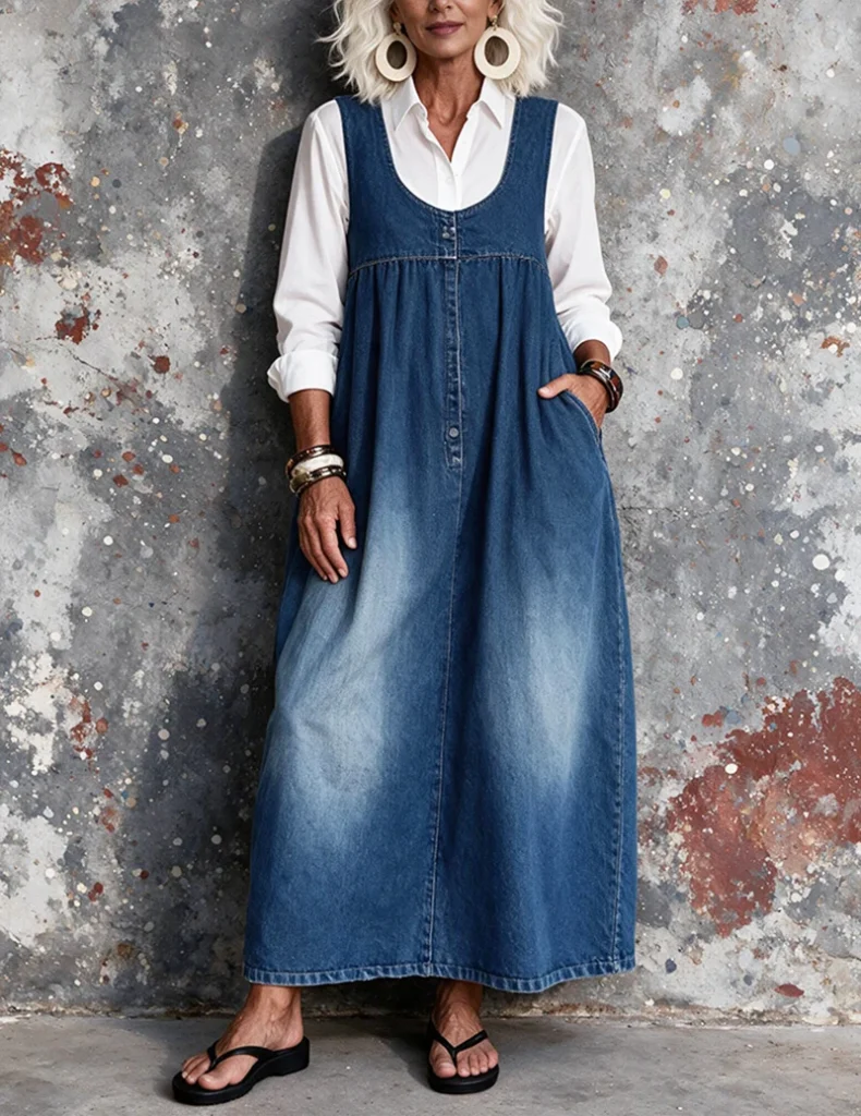 Trendy & Affordable Outfits for Women You'll Actually Love (2026) 7 A stylish woman wearing an affordable blue denim loose-fit sleeveless maxi overall dress layered over a white shirt, styled for an everyday casual look featuring Trendy Outfits for Women.