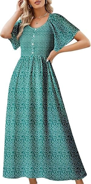 Inexpensive Dresses for Women That Don't Look Cheap 12 A fashion creator wearing the Dokotoo Womens Square Neck Tie Backless Summer Maxi Dress in dark green featuring a square neckline, cap sleeves, and a buttoned front for a chic everyday aesthetic.