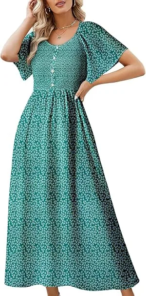 A fashion creator wearing the Dokotoo Womens Square Neck Tie Backless Summer Maxi Dress in dark green featuring a square neckline, cap sleeves, and a buttoned front for a chic everyday aesthetic.