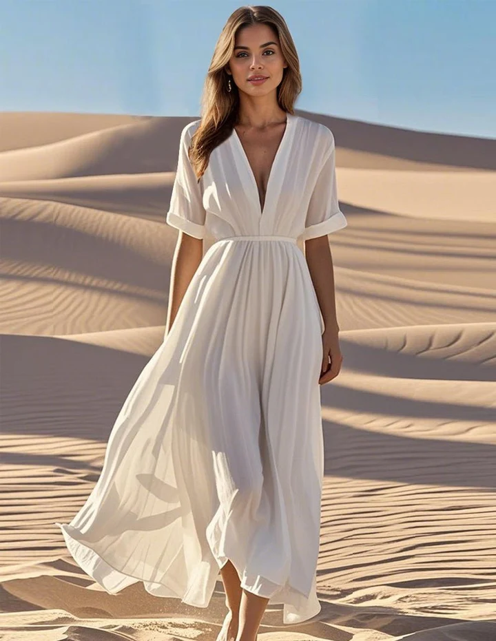 Trendy & Affordable Outfits for Women You'll Actually Love (2026) 2 A stylish woman wearing an affordable white cotton flowy maxi dress featuring a V-neck and gathered waist, styled for a relaxed summer vacation aesthetic and everyday wear.