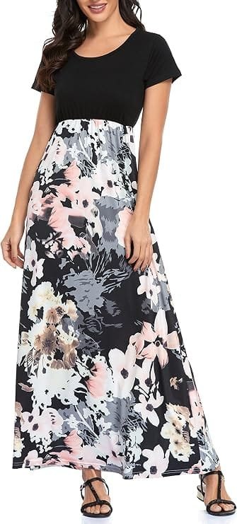 Inexpensive Dresses for Women That Don't Look Cheap 11 A fashion creator wearing the Lacavocor Womens Short Sleeve Maxi Dress featuring a solid black top and a pink ink floral printed skirt for casual everyday wear.