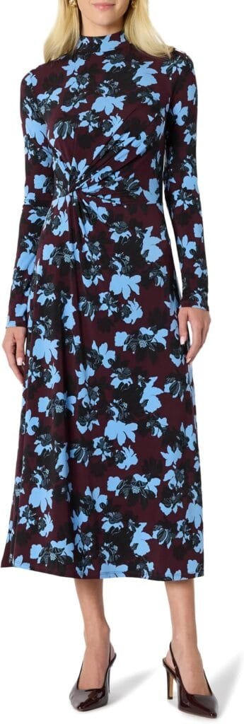 Inexpensive Dresses for Women That Don't Look Cheap 3 A fashion creator wearing the Amazon Essentials Women's Fit and Flare Jersey Long-Sleeved Maxi Dress in a rich floral print, styled with pointed boots for a sophisticated cold-weather look.