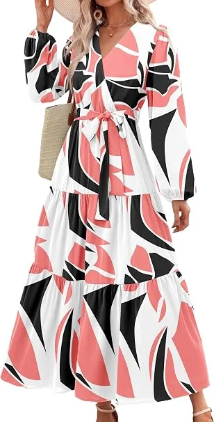 A fashion creator showcasing the PRETTYGARDEN Womens Long Sleeve Boho Floral Wrap Maxi Dress featuring dramatic lantern sleeves and a tiered ruffle hem, styled for a cozy seasonal look.