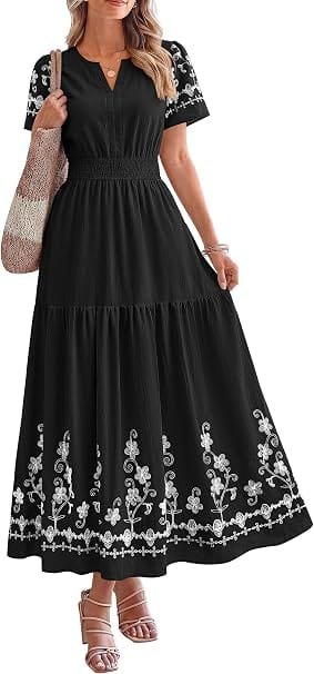Inexpensive Dresses for Women That Don't Look Cheap 7 A fashion creator styling the PRETTYGARDEN Women's Summer V Neck Floral Boho Maxi Dress in classic black featuring intricate white embroidery, paired with heels for an upscale event aesthetic.