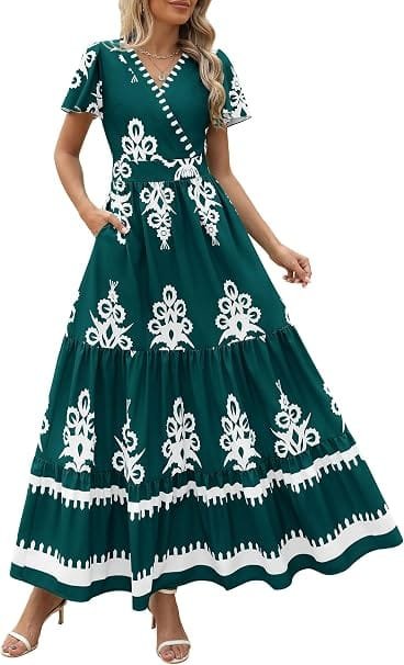Inexpensive Dresses for Women That Don't Look Cheap 5 A fashion creator styling the PRETTYGARDEN Womens Floral Boho Maxi Dress in dark green with contrasting white embroidery patterns, paired with summer sandals for an outdoor vacation look.