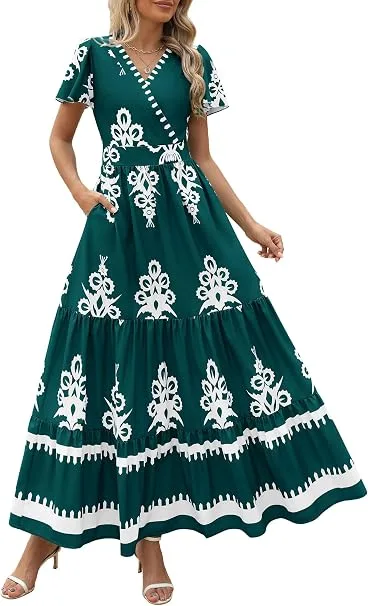 A fashion creator styling the PRETTYGARDEN Womens Floral Boho Maxi Dress in dark green with contrasting white embroidery patterns, paired with summer sandals for an outdoor vacation look.
