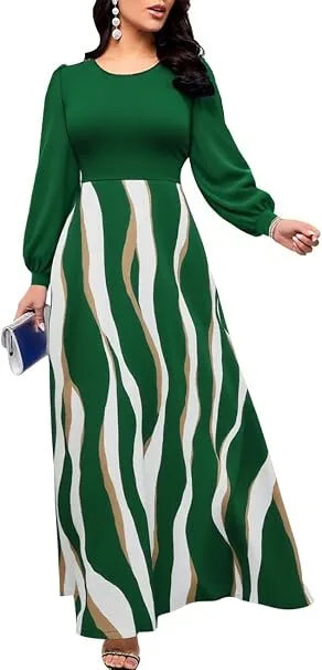 A fashion blogger styling the TieBnss Church Maxi Dress for Women featuring dramatic long puff sleeves and side pockets for a formal church-ready aesthetic.