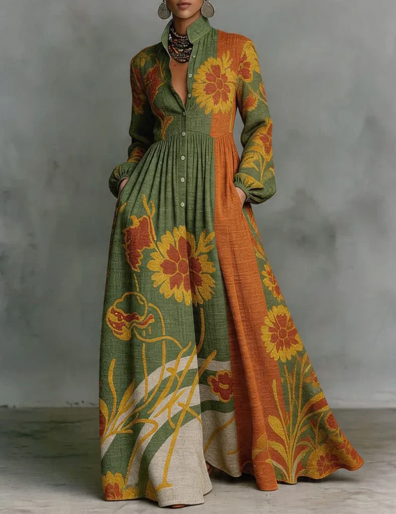 Trendy & Affordable Outfits for Women You'll Actually Love (2026) 4 tylish woman wearing an affordable green and orange floral color-block maxi dress with long sleeves and a mandarin collar, styled for a bohemian-chic look as part of our Trendy Outfits for Women inspiration edit.